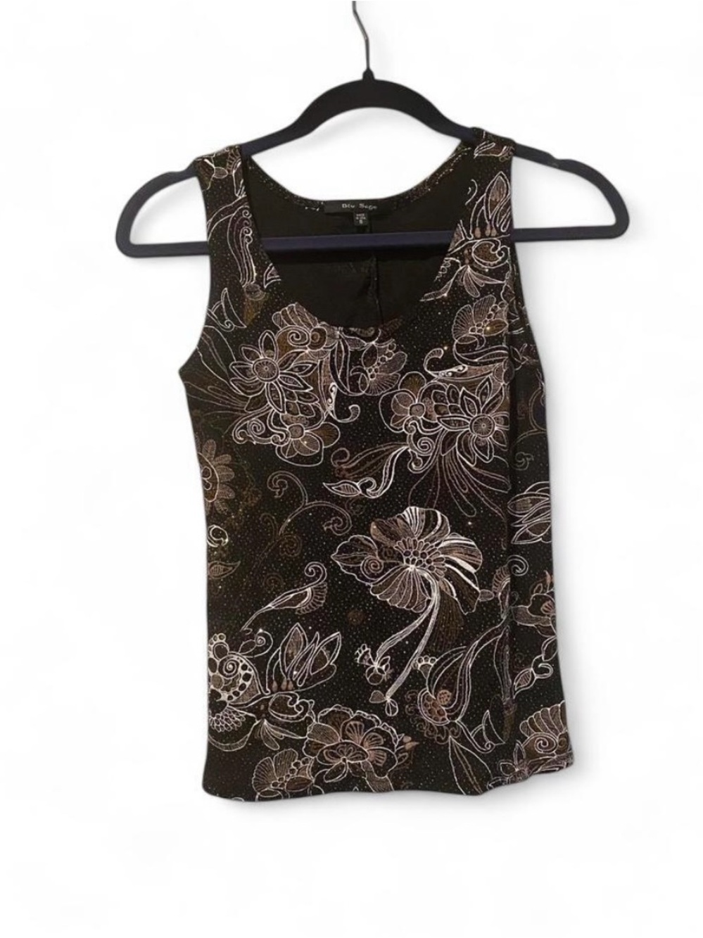 Blu Sage Black Tank Top with Metallic Floral Print